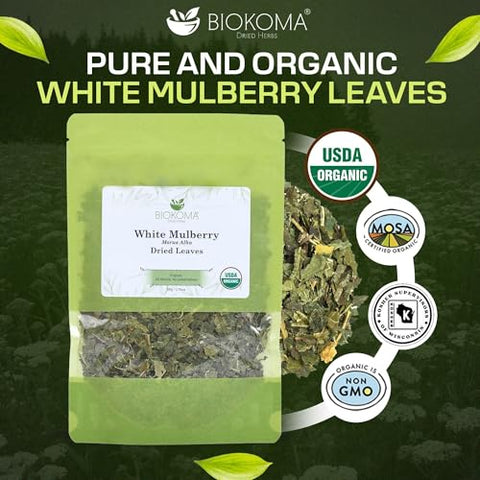 Biokoma Organic White Mulberry Leaf Tea Loose Dried Leaves 1.76oz - Morus Alba Herbal Tea - USDA Organic - Resealable Moisture Proof Pouch - No Additives - No Preservatives - Non GMO - Kosher
