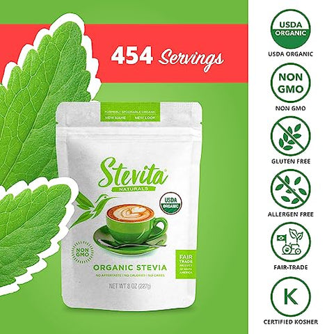 Stevita Organic Stevia 8 oz Pouch AllNatural Stevia Extract Natural Sweetener No Calories USDA Organic NonGMO Vegan Kosher Keto Paleo Gluten 454 Servings