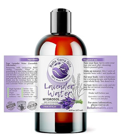 Bella Terra Oils - Hydrosol Water 16Oz - Luxurious Lavender Organic Rose Water Blend Packed With Essential Minerals & Amino Acids Ultimate Skin Quencher