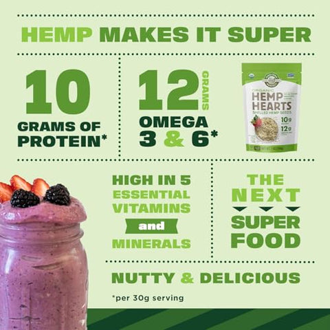Manitoba Harvest Organic Hemp Seeds, 18oz, 10g Plant Based Protein and 12g Omega 3 & 6 per Srv, smoothies, yogurt & salad, Non-GMO, Vegan, Keto, Paleo, Gluten Free, Pack of 6