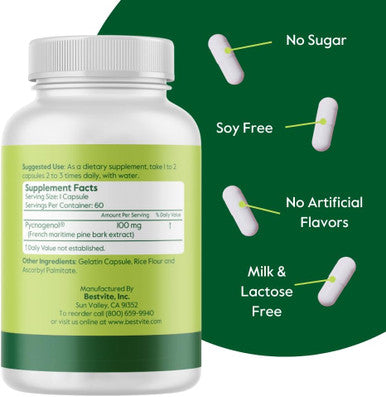 Bestvite Pycnogenol 100mg (60 Capsules) - French Maritime Pine Bark Extract - No Stearates - Gluten - Non GMO