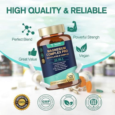 Totaria 25-In-1 Magnesium Complex With Methylated B Complex Magnesium Glycinate Citrate Malate Taurate Gluconate Aspartate Carbonate D3 K2, Magnesium Supplement For Relaxation Energy & Nerve, 120 Vegan Caps