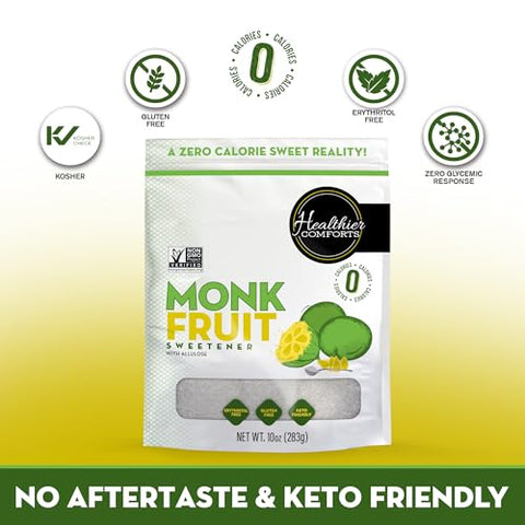 Healthier Comforts Monk Fruit with Granulated Allulose (No Erythritol) | All Natural Sugar Substitute | Zero Calorie 1:1 White Sugar Replacement | No Aftertaste, Keto, Non-GMO, Gluten Free, Vegan, Zero Net Carbs | 10oz