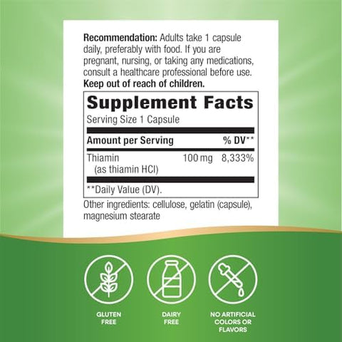 NatureS Way Vitamin B1 High Potency 100 Mg Thiamin Per Serving Thiamin Hcl Supports Energy Metabolism Gluten 100 Capsules (Packaging May Vary)