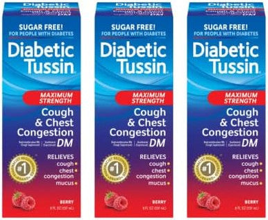 Diabetic Tussin Dm Maximum Strength Cough Medicine With Chest Congestion Relief 8 Fl Oz Liquid Cough Syrup Safe For Diabetics Berry Flavored (Pack Of 3)