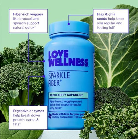 Love Wellness Sparkle Fiber Fiber Supplement With Digestive Enzymes Greens Superfood Powder & Psyllium Husk Powder Promotes Gut Health For Women Regularity & Bloating Relief 90 Count