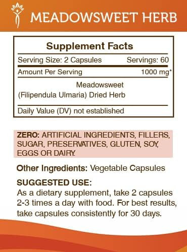 Secrets of the Tribe Meadowsweet Herb 120 Capsules, 800 mg, Meadowsweet (Filipendula ulmaria) Dried Herb (120 Capsules)
