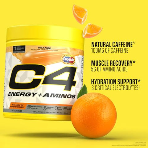 C4 Energy Aminos Powder Orange Popsicle 5G Bcaa & Eaas For Muscle Recovery 3 Electrolytes For Hydration 100Mg Natural Caffeine Pre-Workout Zero Sugar 30 Servings