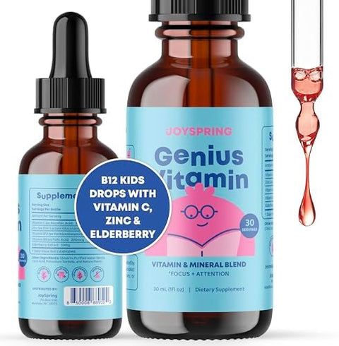 JoySpring Kids Daily Calm and Bedtime Routine Liquid Magnesium + Melatonin Sleep Drops + Vitamin B Complex for Kids with LTheanine Chamomile Elderberry and Zinc