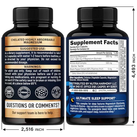 Nutraharmony Magnesium Glycinate - Sleep & Relaxation Support - Extra Strength Glycinate Glycine & Taurine 1500 Mg - Magnesium Supplement For Women & Men - Chelated & High Absorption - Made In Usa 120 Capsules