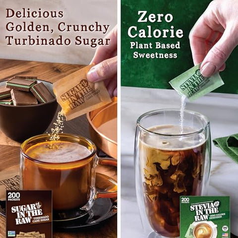 In the Raw Sugar and Stevia Sweetener Bundle 200 Turbinado Sugar Packets + 200 Stevia Packets (2 Piece Set)