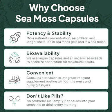 Wild Sea Moss Capsules - 100% Organic Irish Sea Moss With Organic Chlorella, Bladderwrack And Vitamin D For Energy, Lung Health And Thyroid Support For Women And Men - 60 Capsules
