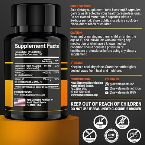 Elements Magnesium L-Threonate 1500Mg With Vitamin D3 10000 Iu & K2 Mk-7 Brain Focus & Bone Support 60 Vegan Capsules High Absorption Non-Gmo