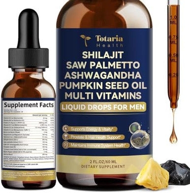 Totaria Shilajit Liquid Drops With Saw Palmetto,Ashwagandha,Pumpkin Seed Oil,Sea Moss,Multivitamin - Shilajit For Men - Support Prostate Health & Hair,Energy & Lmmune Function - 2Fl - Pineapple Flavor