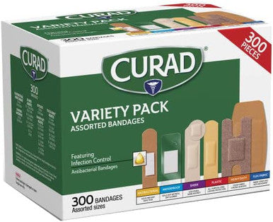 Curad Assorted Bandages Variety Pack 300 Pieces Including Antibacterial Heavy Duty Fabric and Waterproof Bandages