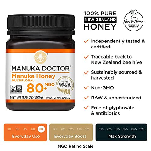 MANUKA DOCTOR - Manuka Honey MGO 80+ Multifloral & MGO 125+ Monofloral Value Bundle, 100% Pure New Zealand Honey. Certified. Guaranteed. RAW. Non-GMO, 2 x 8.75oz Pots