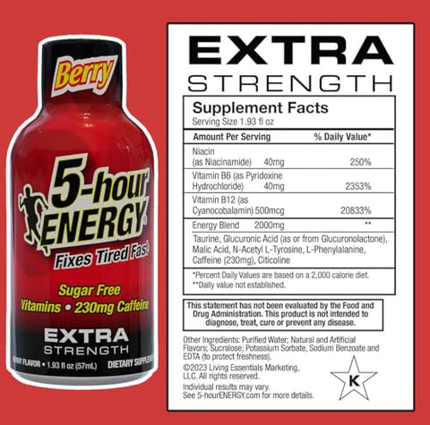 5Hour Energy Extra Strength Berry Energy Shot 1.93Oz 20Pack " Sugar Caffeine Energy Booster With Bvitamins & Amino Acids " Zero Calorie