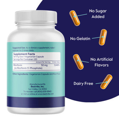 BESTVITE Riboflavin-5-Phosphate 50mg 120 Vegetarian Capsules No Stearates Vegan Non GMO Gluten Free Bioactive Form of Vitamin B2
