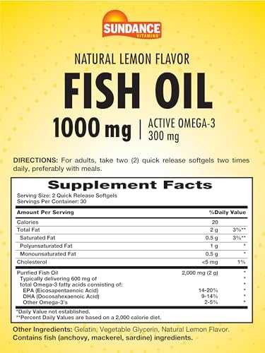 Sundance Fish Oil Omega 3 Supplement 1000Mg 60 Softgels With Epa & Dha Natural Lemon Flavor Nongmo And Gluten