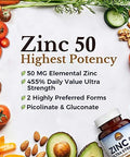 Vitalitown Chelated Zinc 50 mg Zinc Picolinate & Gluconate Well-Absorbed Immune System Healthy Skin & Development Vegan NO Gluten Non-GMO