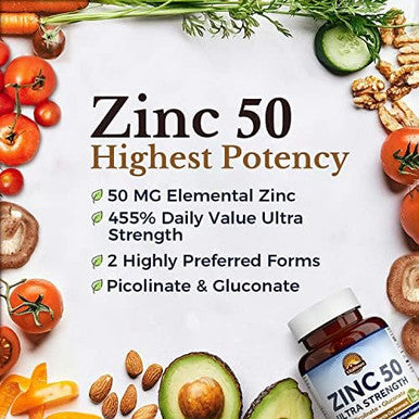 Vitalitown Chelated Zinc 50 mg Zinc Picolinate & Gluconate Well-Absorbed Immune System Healthy Skin & Development Vegan NO Gluten Non-GMO