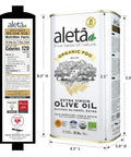 Aleta, USDA Organic Greek Extra Virgin Olive Oil, EU Certified Single Estate PDO Greece, 1 Lt (33.8 oz.) Tin, Kosher EK, Pack of 1
