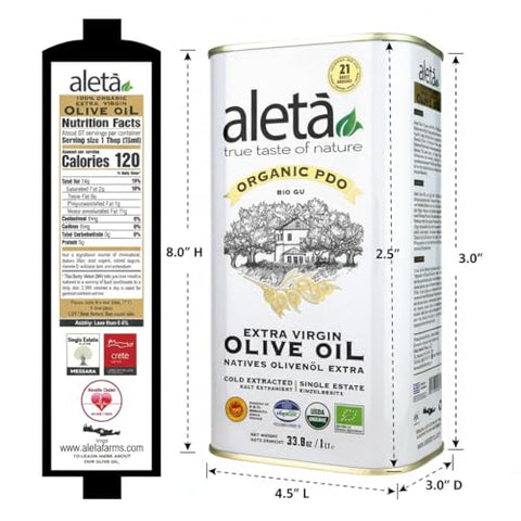 Aleta, USDA Organic Greek Extra Virgin Olive Oil, EU Certified Single Estate PDO Greece, 1 Lt (33.8 oz.) Tin, Kosher EK, Pack of 1
