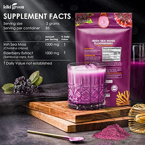 KIKI Green Sea Moss Powder Bundle Immune Support Superfood Complex 8 oz 6 oz Raw Sea Moss Burdock Root Bladderwrack Elderberry Extract for Immunity Boost Energy and Health Support