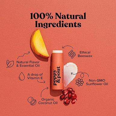 Poppy & Pout Jumbo Lip Balm 2 Pack, All Natural Lip Balms & Moisturizers, Hydrates With Beeswax, Vitamin E, Organic Coconut, Island Coconut & Pomegranate Peach