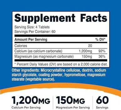 Nutricost Calcium & Magnesium Carbonate 240 Tablets 1200Mg Of Ca & 150Mg Of Mg Per Serving 60 Servings Gluten Nongmo