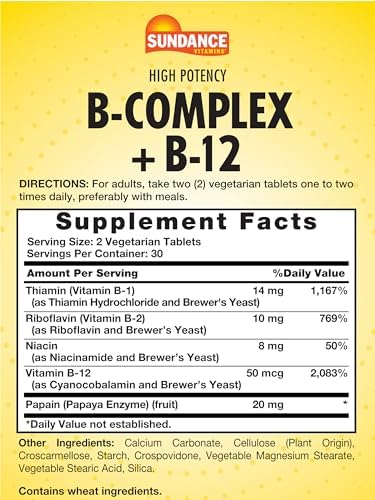 Sundance Vitamin BComplex with B12 60 Tablets High Potency Vegetarian NonGMO and Gluten Free Supplement