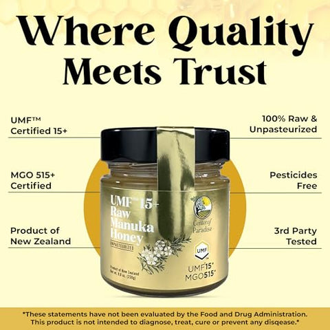 Center of Paradise Raw Manuka Honey Certified UMF 15+ | MGO 515+ (250g / 8.8oz) Glass Jar - Pure & Natural New Zealand Honey for Daily Immune Support and Wellness - Non GMO & Unpasteurized