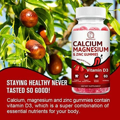 Calcium, Magnesium, Zinc & Vitamin D Gummies - 2 Pack Vitamins For Women, Men & Kids Calcium Supplements For Strong Healthy Bones, Zinc Gummies, Gluten-Free, Vegan - 120 Count