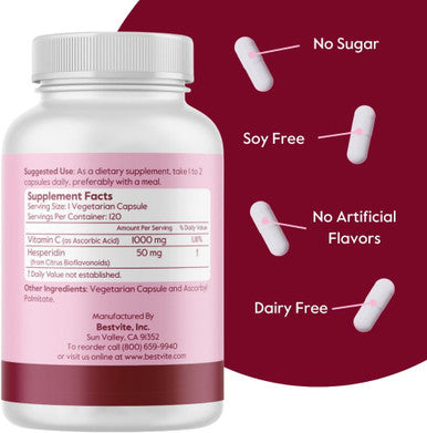 Bestvite Vitamin C 1000mg (120 Vegetarian Capsules) with Citrus Bioflavinoids - No Stearates - Vegan - Non GMO - Gluten
