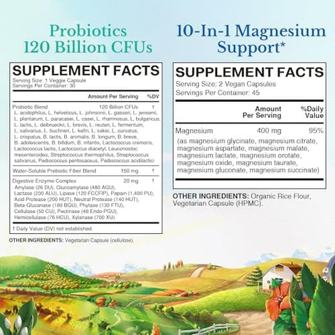 Vitalitown Probiotic + Magnesium Bundle (Pack Of 2) Probiotics 120 Billion (Item 1) & 6-In-1 Magnesium Complex (Item 2) Gut Bone Muscle Sleep Health Vegan 30 Capsules & 120 Capsules