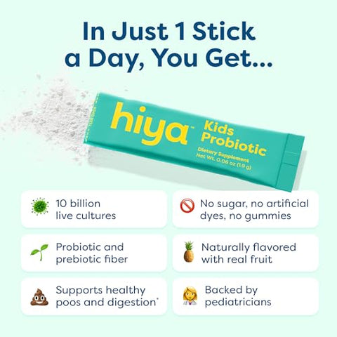 Hiya Kids Probiotic 10 Billion Cfu With Clinically-Studied Strains For Ages 2 Supports Gut Health & Immune 0G Sugar 20 Stick Packs For Toddlers & Kids
