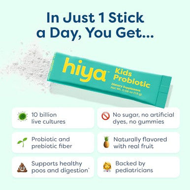 Hiya Kids Probiotic 10 Billion Cfu With Clinically-Studied Strains For Ages 2 Supports Gut Health & Immune 0G Sugar 20 Stick Packs For Toddlers & Kids