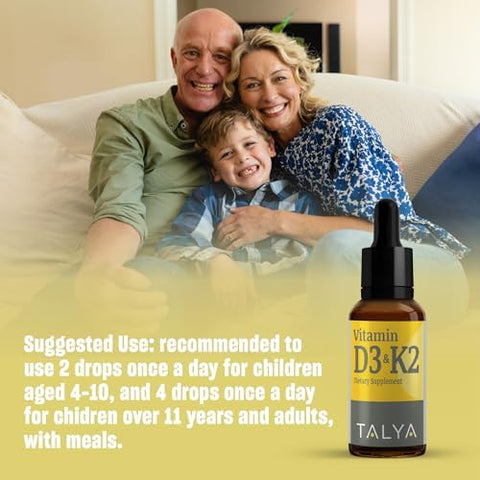 TALYA Vitamin D3 and K2 Liquid Vitamin D3 with K2 Drops 1000 IU Immune Support Helps Support Strong Bones and Healthy Heart NonGMO Vegan 60 Servings 0.34 fl.oz