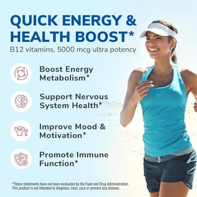Vitalibre Vitamin B12 Sublingual 5000 mcg Methylcobalamin Bioactive Form High Absorption Vegan Nerve Energy Immune Mood Support Natural Peach Flavor Fast Dissolve Mini Tablets No Sugar