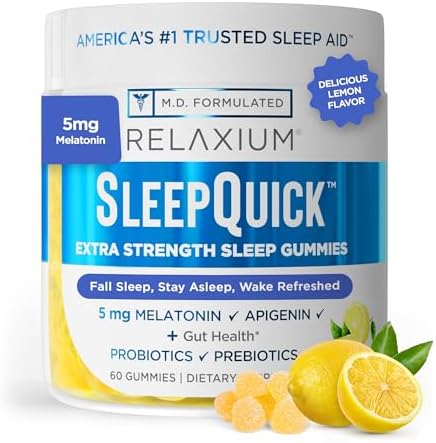 Relaxium Sleepquick Gummies Sleep Aid + Gut Health & Immune Support 5 Mg Melatonin Vitamin D3 + Prebiotic & Probiotic Blend Gluten & Drug Lemon Flavor 60 Gummies