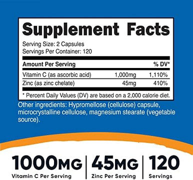 Nutricost Vitamin C With Zinc Capsules 120 Servings (2 Pack) 1000Mg Vitamin C 45Mg Zinc Nongmo Gluten Vitamin C Supplement