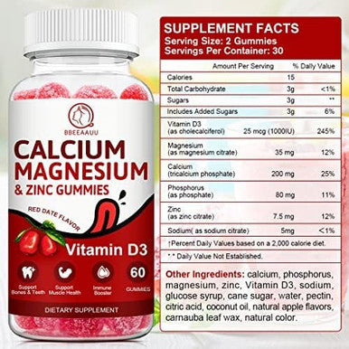 Calcium, Magnesium, Zinc & Vitamin D Gummies - 2 Pack Vitamins For Women, Men & Kids Calcium Supplements For Strong Healthy Bones, Zinc Gummies, Gluten-Free, Vegan - 120 Count
