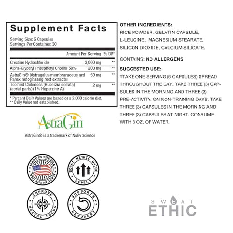 Sweat Ethic Create D Creatine And Adaptogens Daily Support Formula With Creatine Hcl Alpha Gpc And Astragin Nootropic And Fitness Supplement For Focus And Performance For Men And Women 180 Count