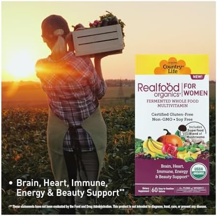 Country Life Realfood Organics Women's Multivitamin USDA Organic Vegan GlutenFree 1300mg Fermented Whole Foods Vitamins D E B Folate and Biotin Daily Energy and Beauty 60 Tablets