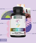 Zhou Nutrition Daily Boost Multivitamin With Probiotic, Zinc, Vitamin C, D3, B Complex For Immune Support, Energy And Digestive Health Vegan, Gluten Free, Soy 60 Servings