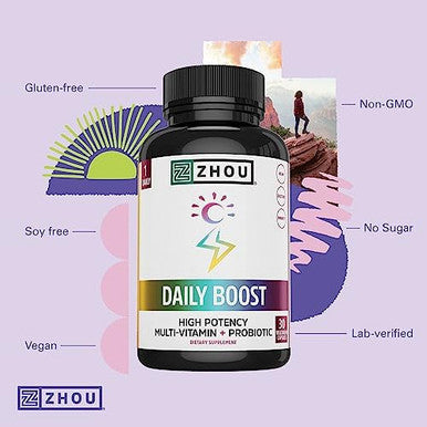 Zhou Nutrition Daily Boost Multivitamin With Probiotic, Zinc, Vitamin C, D3, B Complex For Immune Support, Energy And Digestive Health Vegan, Gluten Free, Soy 60 Servings