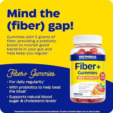 Enzymedica Fiber+ Gummies With Prebiotics & Probiotics For Daily Regularity Vegetarian 5G Fiber Natural Chewable Digestive Health Supplement Kids & Adult Women & Men Blood Orange Flavor 90 Ct