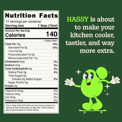 HASSY Extra Virgin Avocado Oil Premium Flavor for Dressings, Drizzling & Finishing - Non-GMO, 17.2 fl oz, 510 ML - Created by Avocado Farmers in Mexico - 100% Pure Cooking Oil