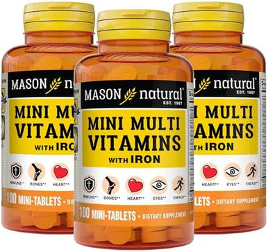 Mason Natural Daily Mini Multi Vitamins With Iron Vitamins A C D E B1 B2 B3 B6 B12 Folate & Calcium 100 Day Supply Per Bottle (3Pack)