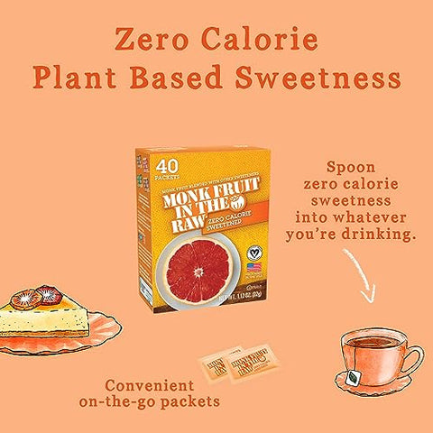 Monk Fruit In The Raw, Natural Monk Fruit Sweetener, Sugar-Free, Gluten Free, Zero Calorie, Vegan Sugar Substitute, 40 Count Packets (Pack of 4)